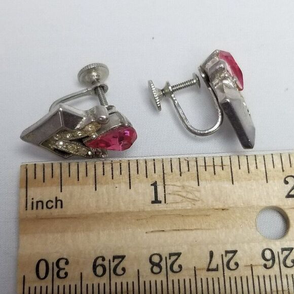 Vintage Pink and Silver Tone Rhinestone Geometric Clip On Screw Back Earrings - Picture 4 of 6